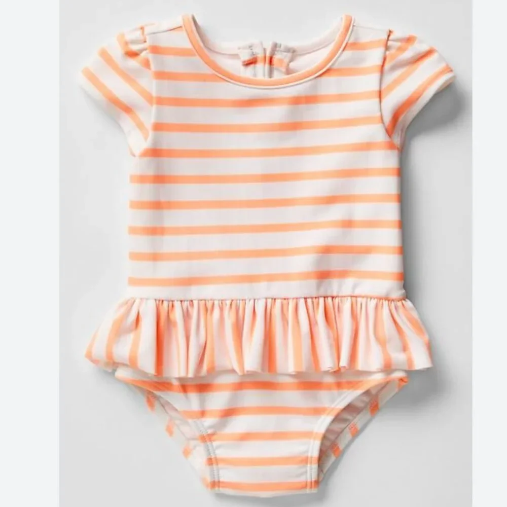 NWT Baby Gap Girl's 0-6 Month Stripe Peplum Swim Suit 0ne Piece Ruffle Orange